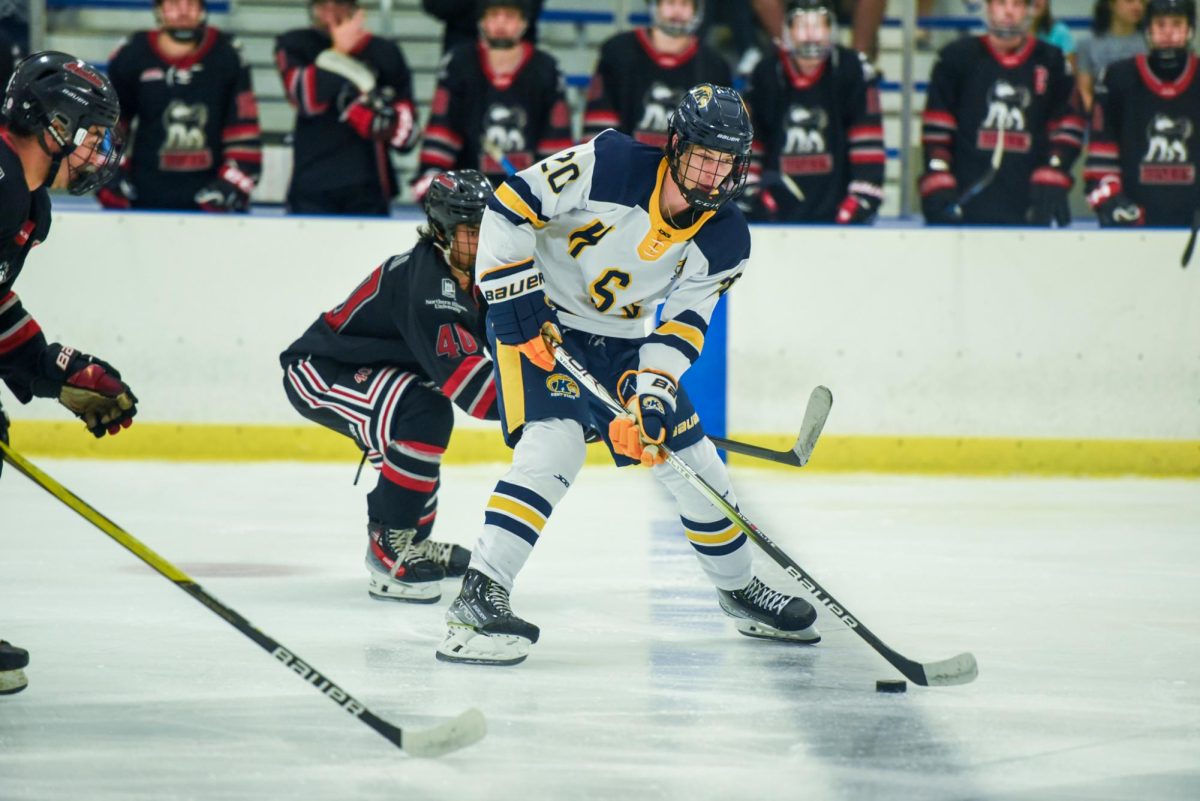 Kornel Kaibas, Kent State freshman and forward, guards the puck from Dominic Varallo, Northern Illinois sophomore and forward, during the first period against Northern Illinois, Sept. 13th, 2024.