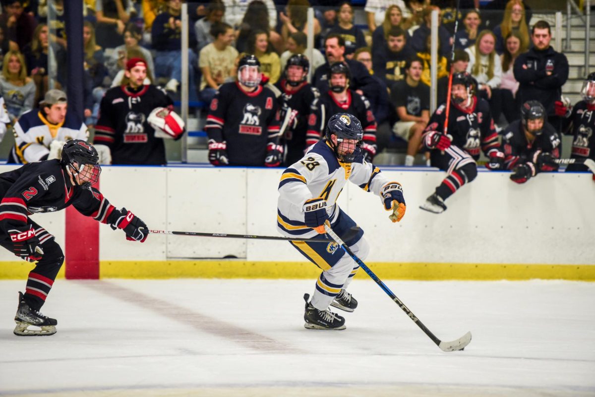 Max Mudge, Kent State freshman and forward, defends the puck from Northern Illinois Defensemen Jason Castaneda, during the first period against Northern Illinois. Sept. 13th, 2024.