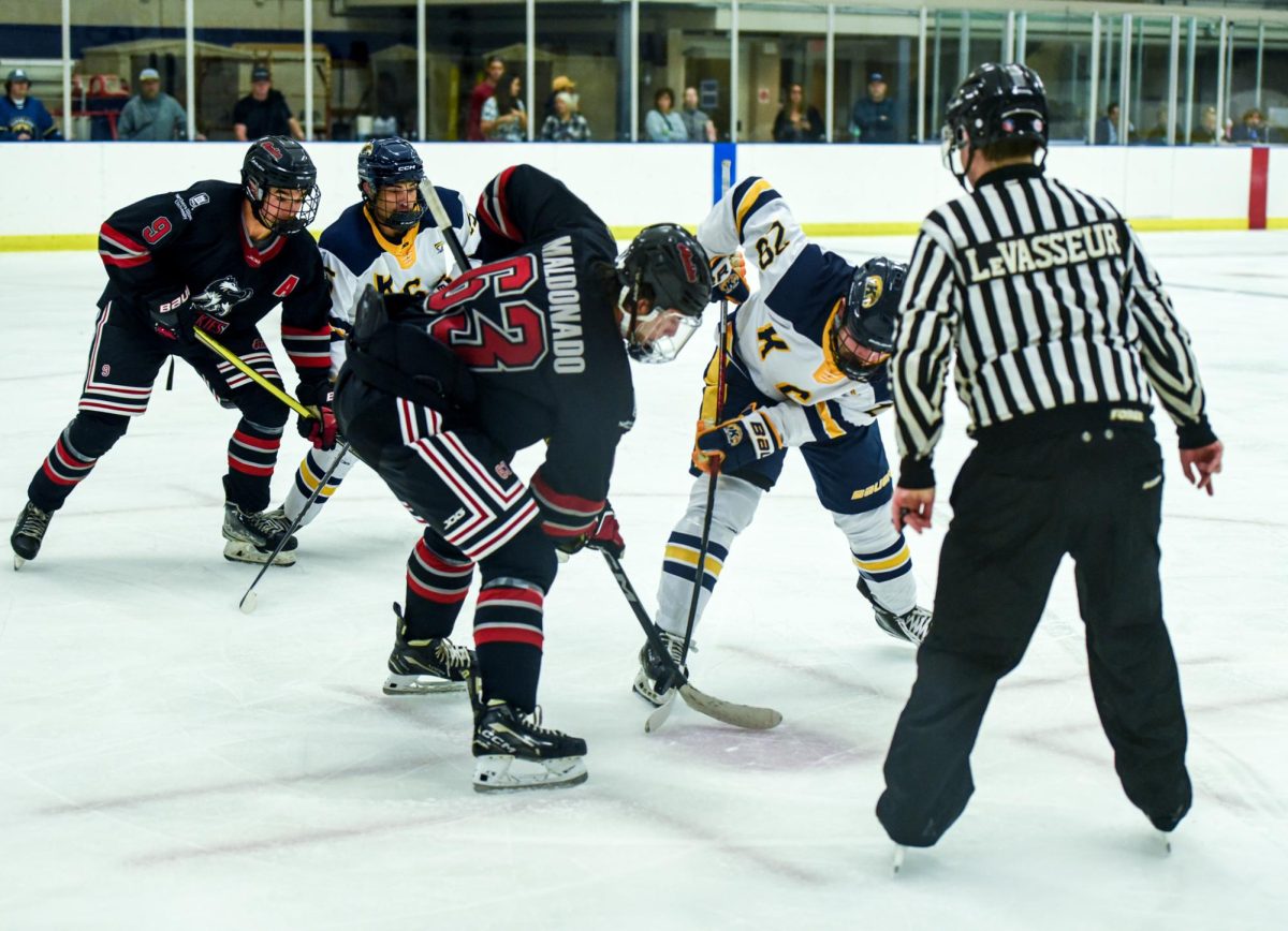 Max Mudge, Kent State freshman forward, faces off against Micah Maldonado, Northern Illinois sophomore, during the third period against Northern Illinois. Sept. 14th, 2024.