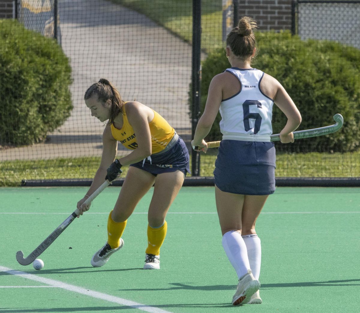 Sept. 13, 2024, freshman backer Marissa Skinner (18) is blocked by Penn State’s freshman midfielder Kerry O’Donnell (6) at the field hockey game.