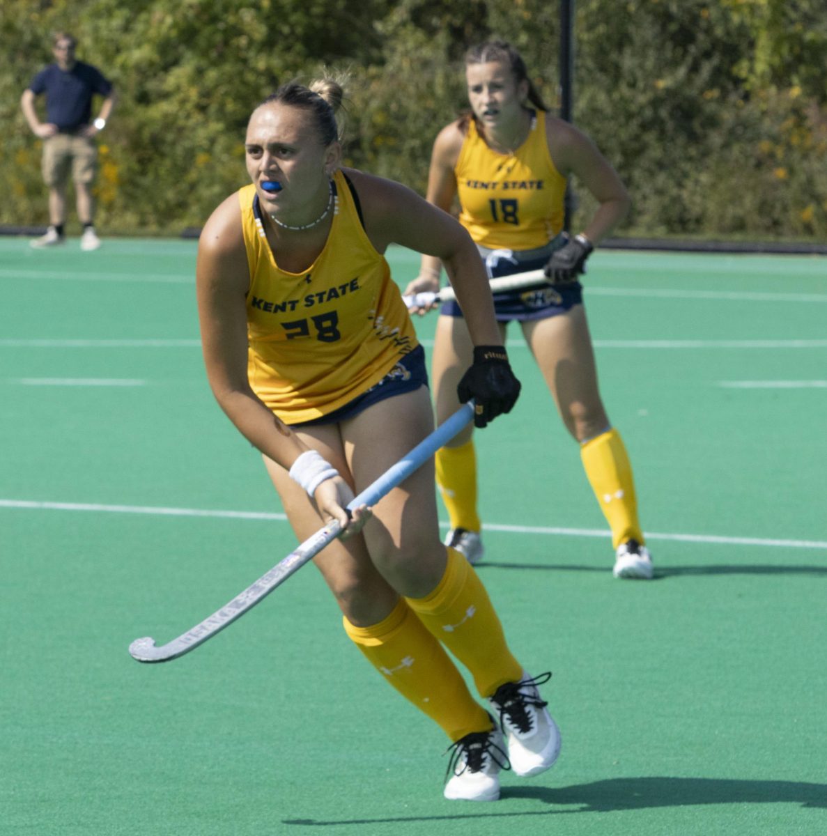 Freshman forward Delfina Larripa (28) chases the action down the pitch at the field hockey game against Penn State Sept. 13, 2024.