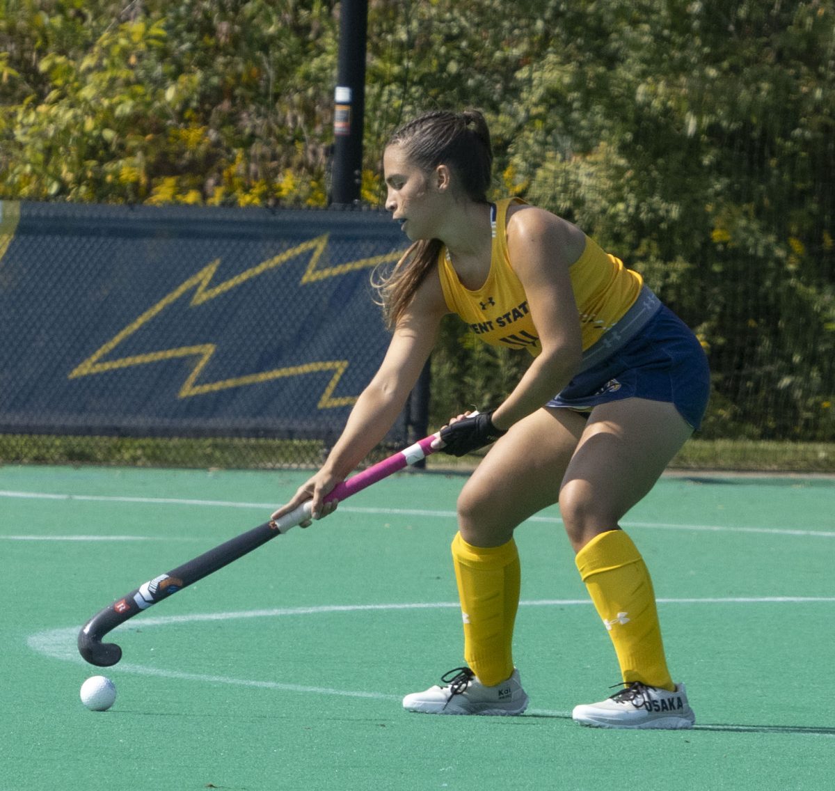 Sept. 13, 2024, junior midfielder Maia Sarrabayrouse (14) steadies herself before moving at the field hockey game against Penn State.