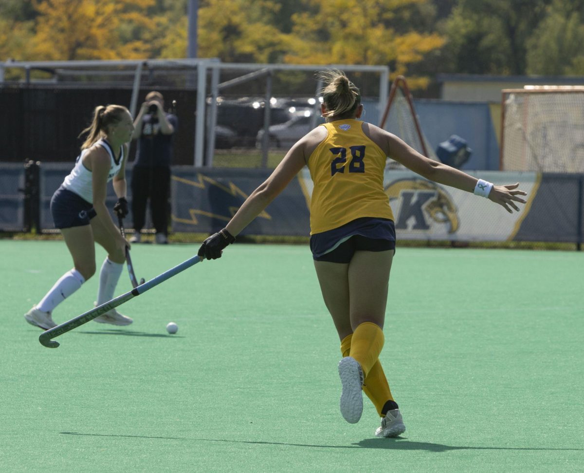 Freshman forward Delfina Larripa (28) blocks any openings from Penn State’s freshman backer Morgan Snyder (8) at the field hockey game Sept. 13, 2024.