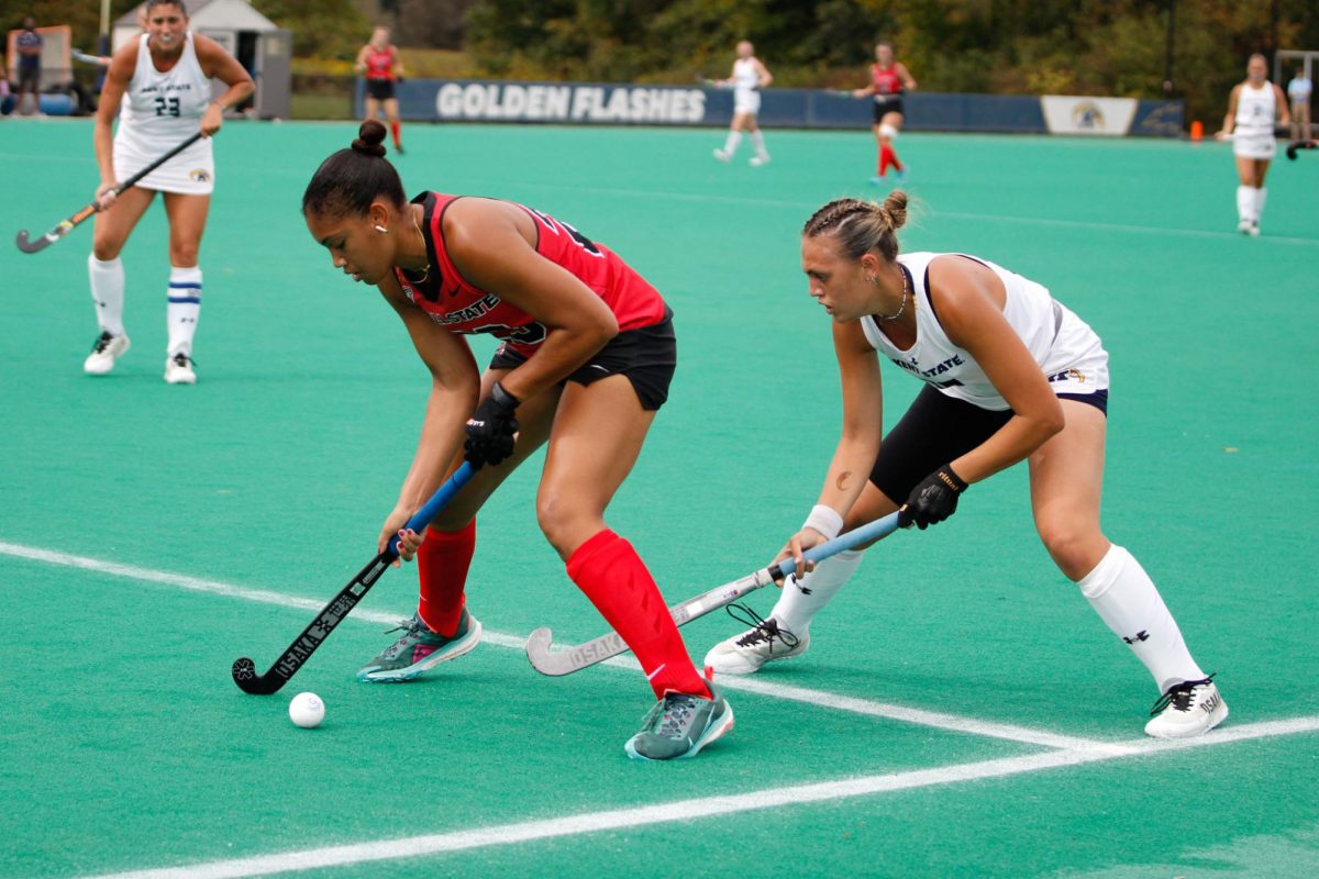 Kent State University, Sophomore, Eva Usoz and opponent, Ball State University battled for the ball in their match on September 20, 2024.