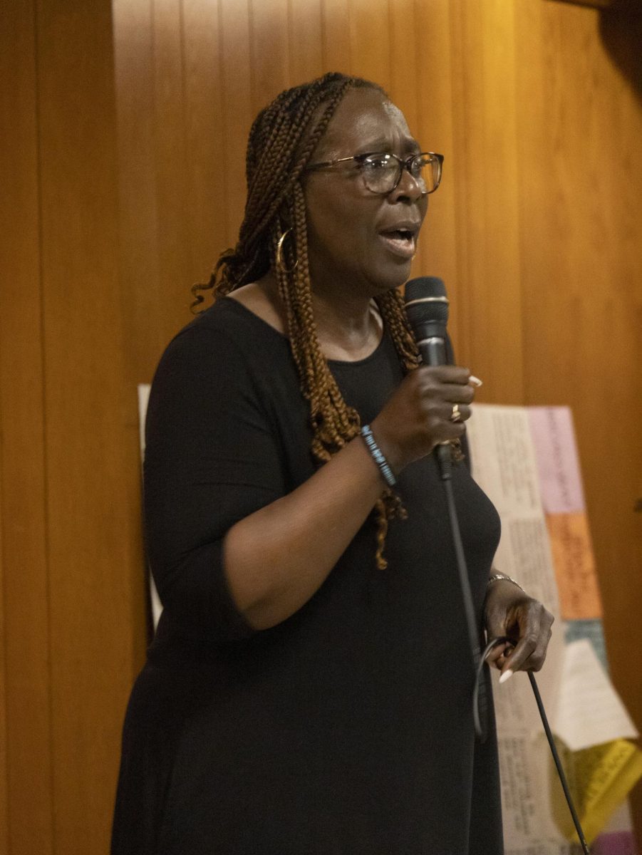 Sept. 19, 2024, Portage County NAACP President Renee Romine addresses the crowd at the emergency meeting regarding sheriff Bruce Zuchowski’s recent Facebook posts.