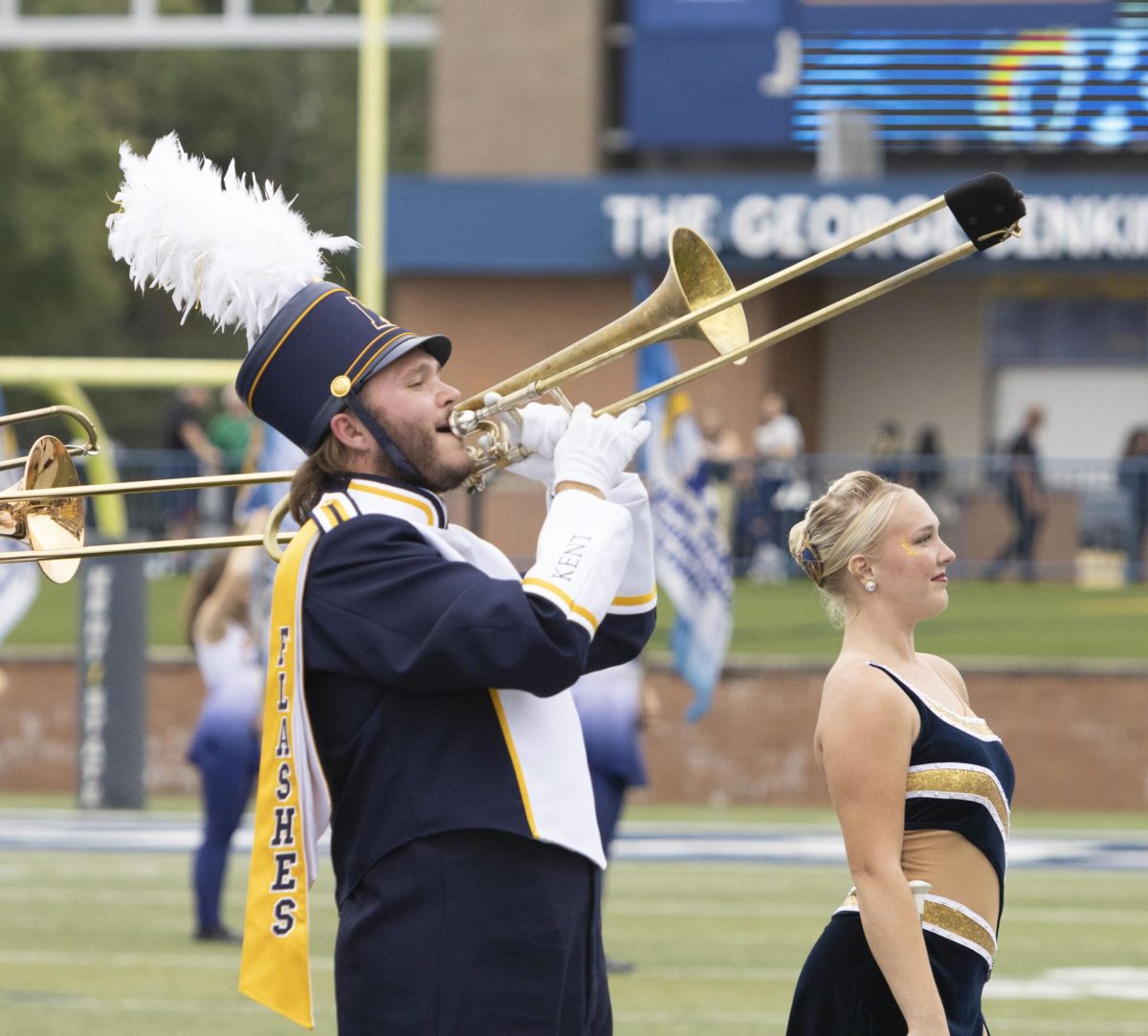 A member of the Marching Golden FlashesHomecoming football game against Eastern Michigan, Sept. 28, 2024.