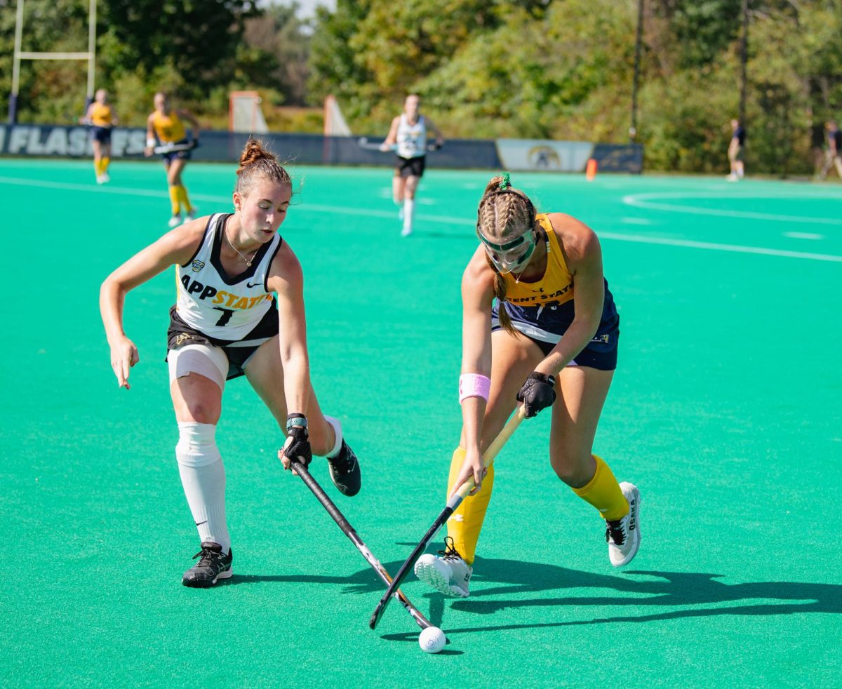 Kent State sophomore and midfielder Ashlyn Taylor defends the ball against App. State junior Sarah Callery in the first quarter, Oct. 4, 2024.