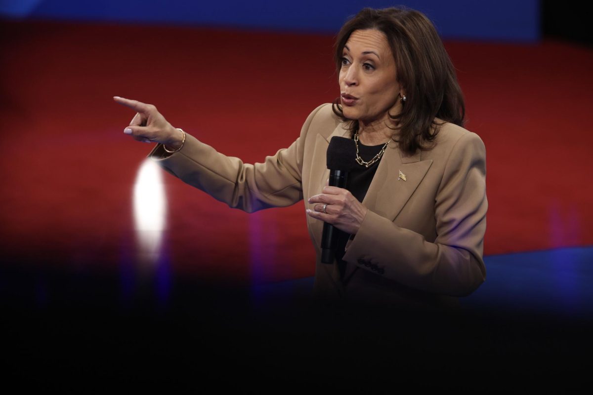 Vice President Kamala Harris, speaks during a Univision town hall at Cox Pavilion at UNLV on October 10, in Las Vegas. Univision has debunked a viral false claim that Harris used a teleprompter during her town hall with the Spanish-language network.