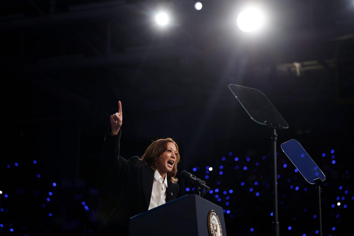 Vice President Kamala Harris speaks during a campaign rally on the campus of East Carolina University, in Greenville, North Carolina, on Oct. 13.