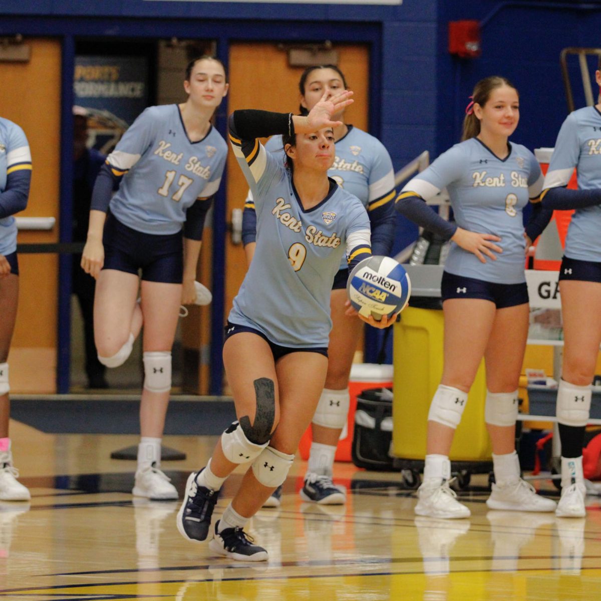 Kent State University redshirt senior Karina Salinas gets ready to set the ball during the teams match against Ball State University on October 19, 2024. 