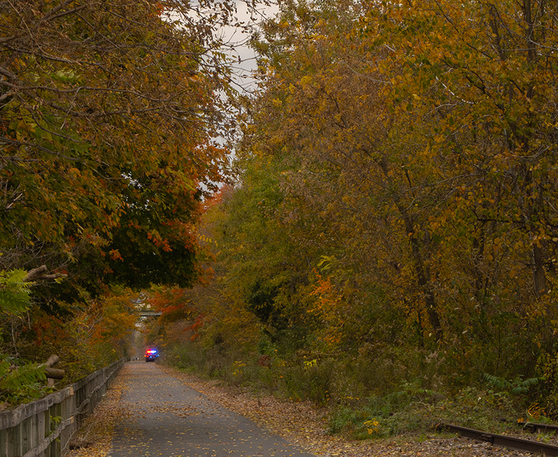 A police car keeps watch Wednesday on the Portage County Hike and Bike Trail where officers shot and killed 43-year-old Matthew James Fries. Police said Fries approached officers with an ax and knife in his hands.