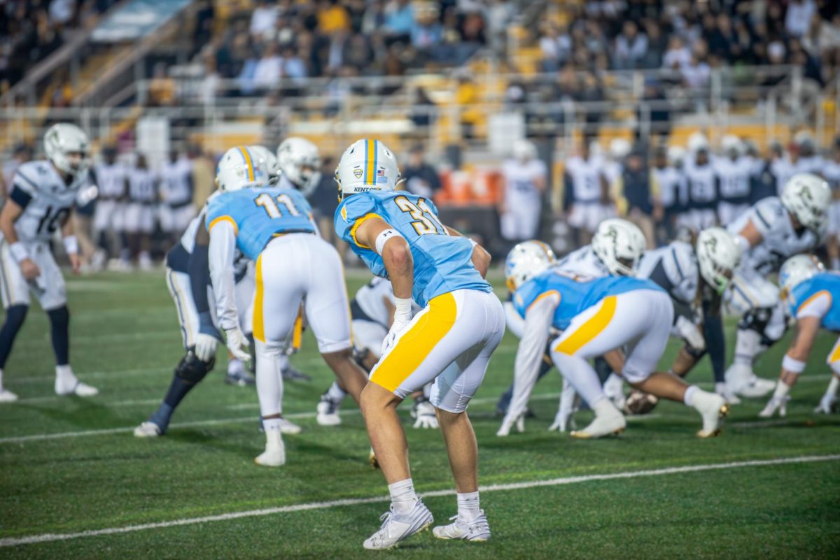 CJ Young a Kent State sophomore and safety preparing for the play to begin in the second quarter against Akron. Nov. 19, 2024.