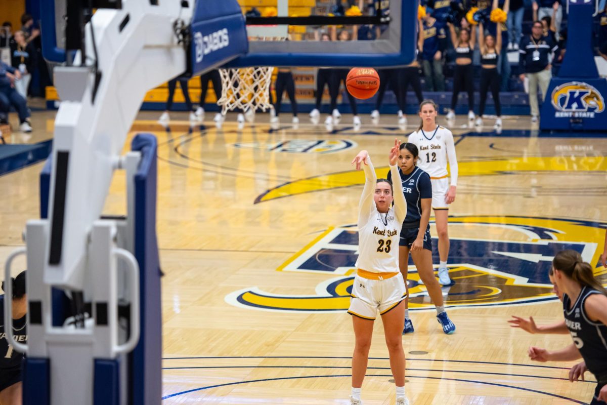 Kent sophomore Mya Babbitt, 23, shoots a free throw during third quarter of the game against Xavier, Saturday, Nov. 23, 2024.