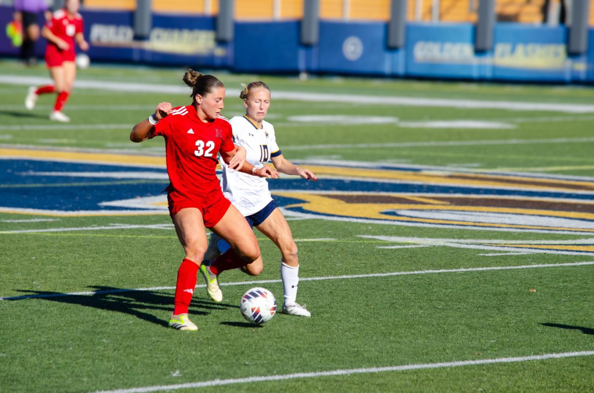 Kent State player Addy Cusick fights for the ball against Miami University’s player Taylor Hamlett at Dix Stadium on November 3, 2024. 