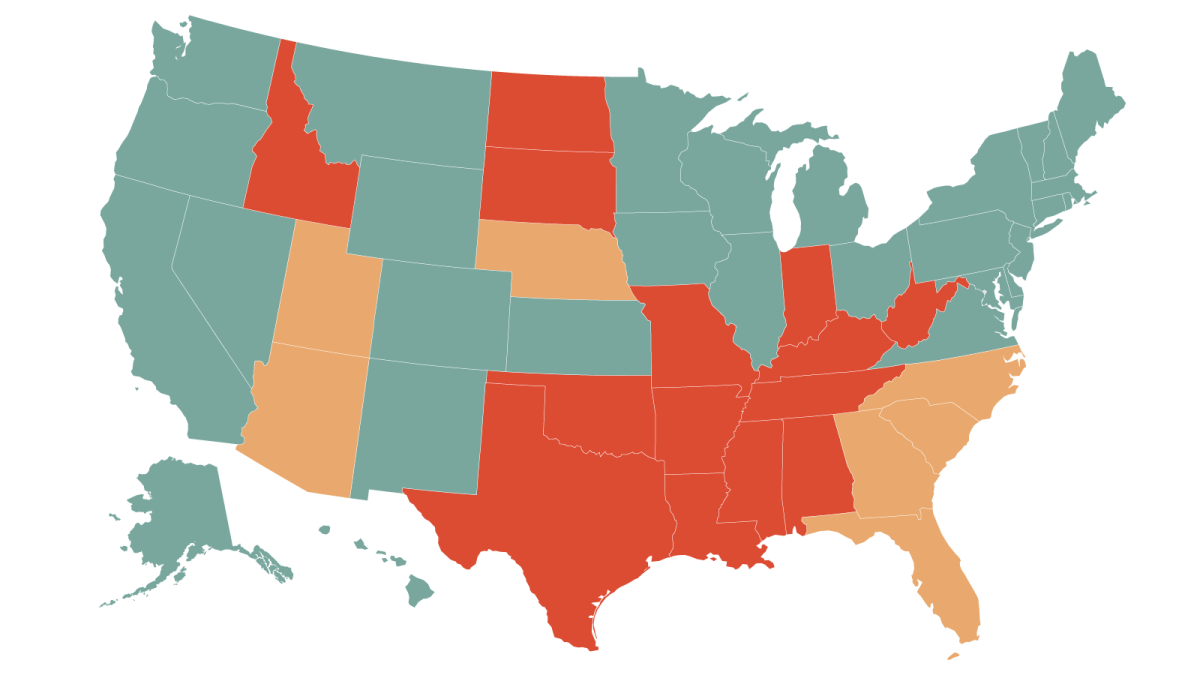 Here’s where abortion access currently stands in the United States (Red=banned; Brown=Legal with gestational limit of 6-18 weeks; Green=legal)
