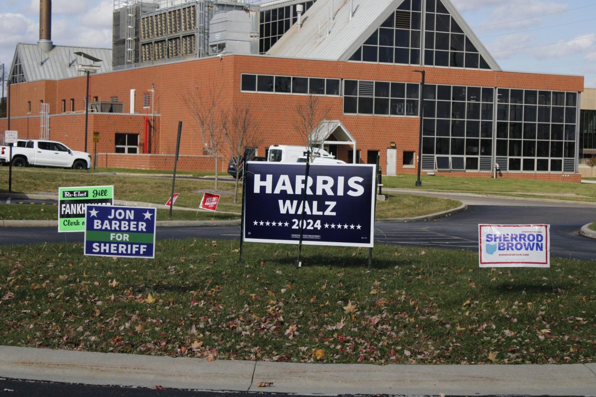 Campaign signs outside of Kent State University's Recreation and Wellness Center on Nov. 5, 2024. 