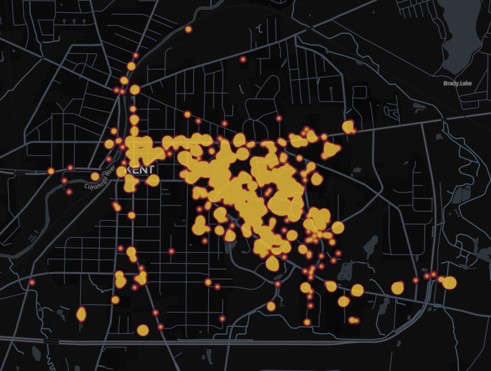 A map that shows where people commonly ride, with larger dots equating to more rides.