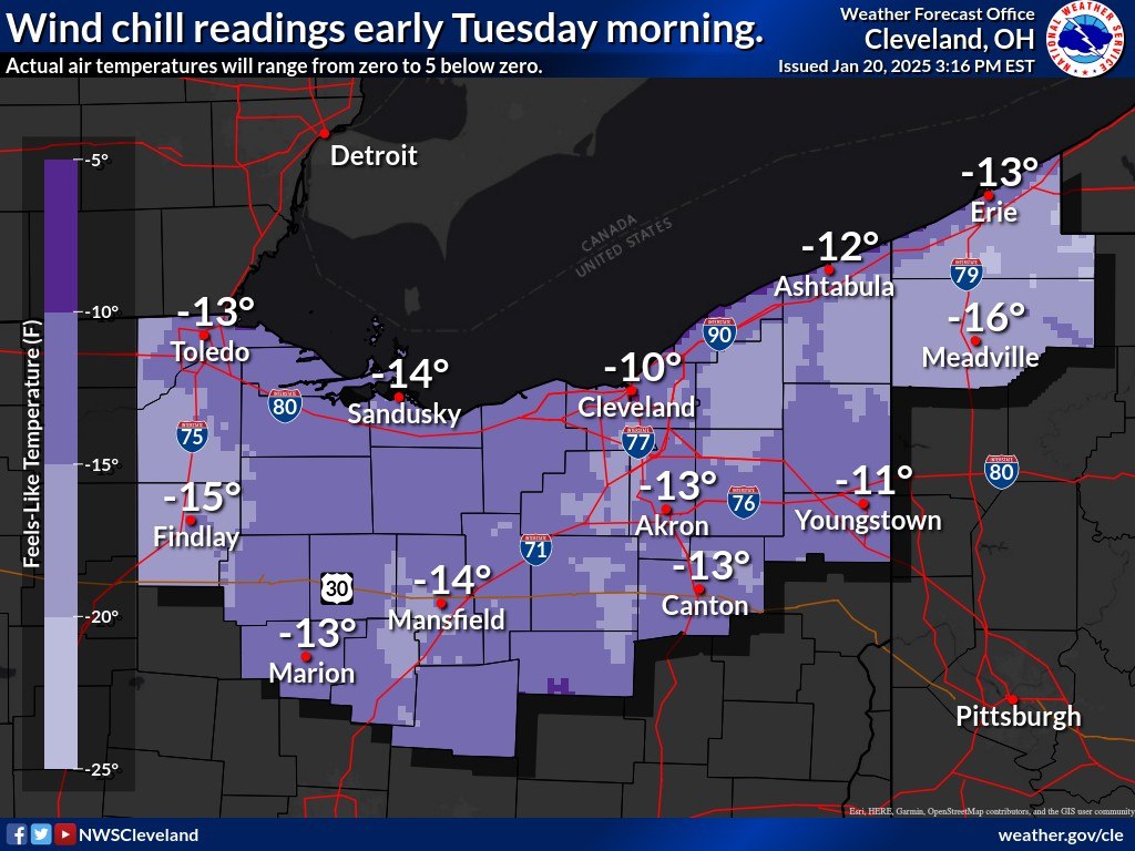 The National Weather Service issued a cold weather advisory for Portage County until Wednesday morning. The area will see wind chills as low as -24 degrees Fahrenheit.