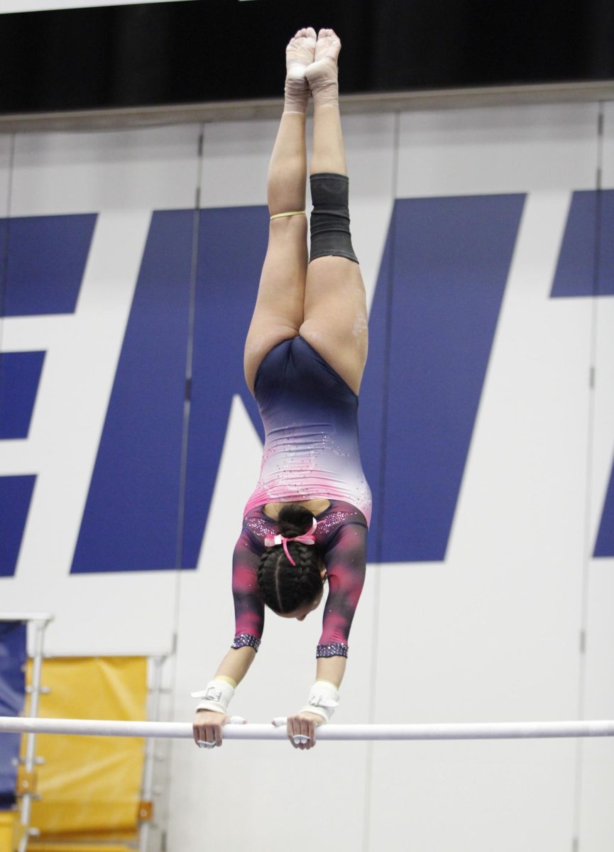 Kent State University junior Mya Migliore performing her uneven bar routine in their match against Western Michigan University on Feb. 2, 2025. 