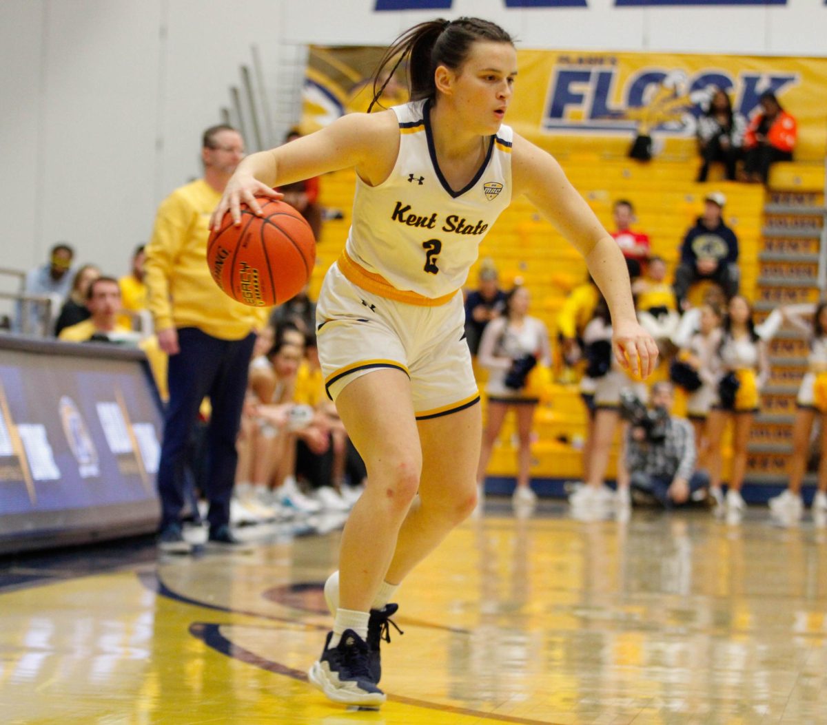 Kent State University freshman guard Meghan Murray dribbles the ball during their game against the University of Akron on Feb. 1, 2025. 