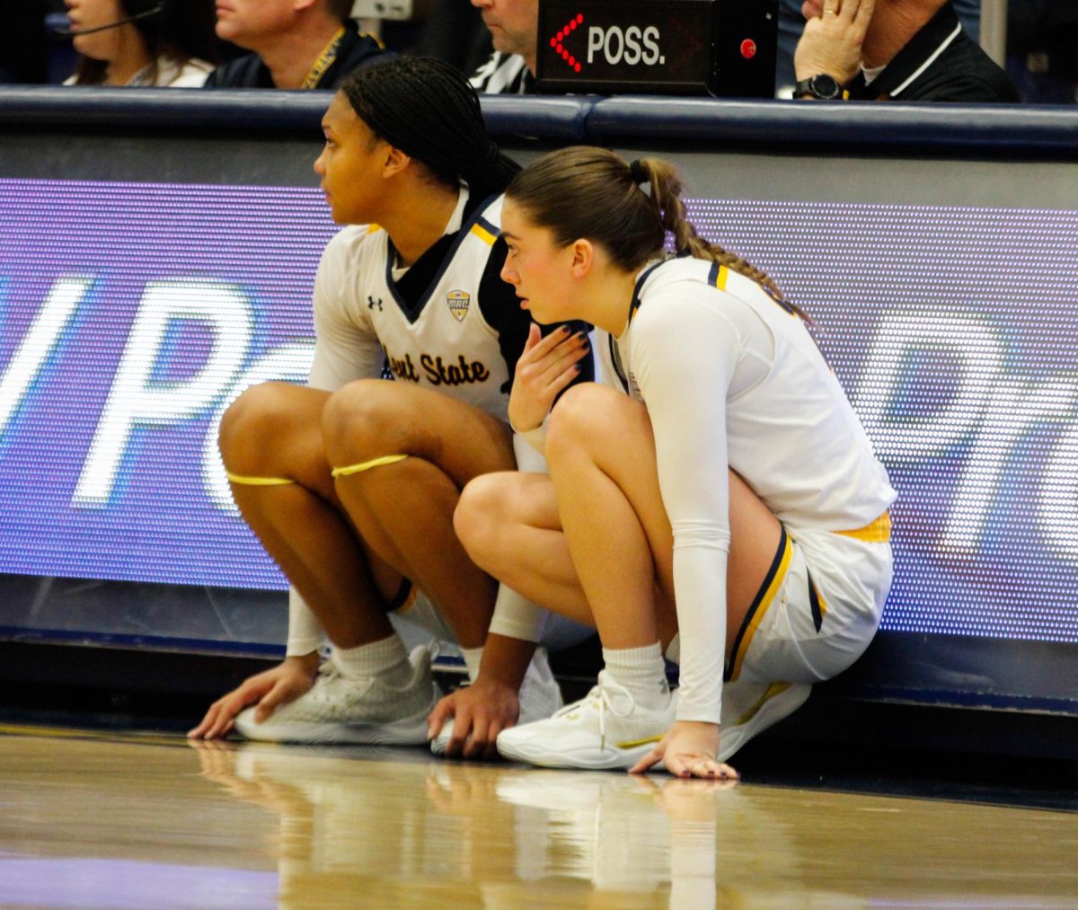 Kent State University sophomore forward Janae Tyler (left) and sophomore guard Mya Babbitt (right) prepare to sub back in during their game against Akron University on Feb. 1, 2025. 