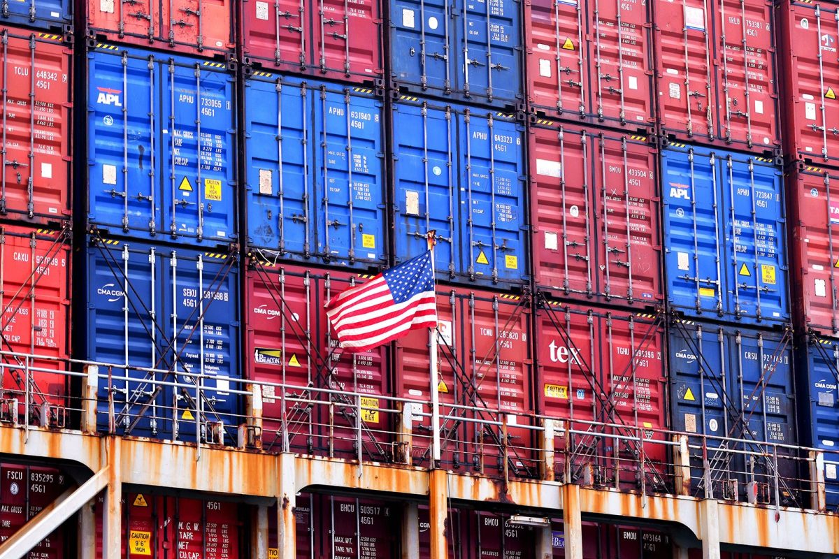 A US flag is seen on the container ship President Eisenhower in a seaport in Qingdao city in east China's Shandong province on December 23, 2021.