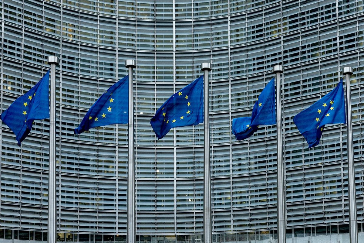 European flags fly in front of the Berlaymont building, which houses the headquarters of the European Commission on February 11 in Brussels, Belgium.