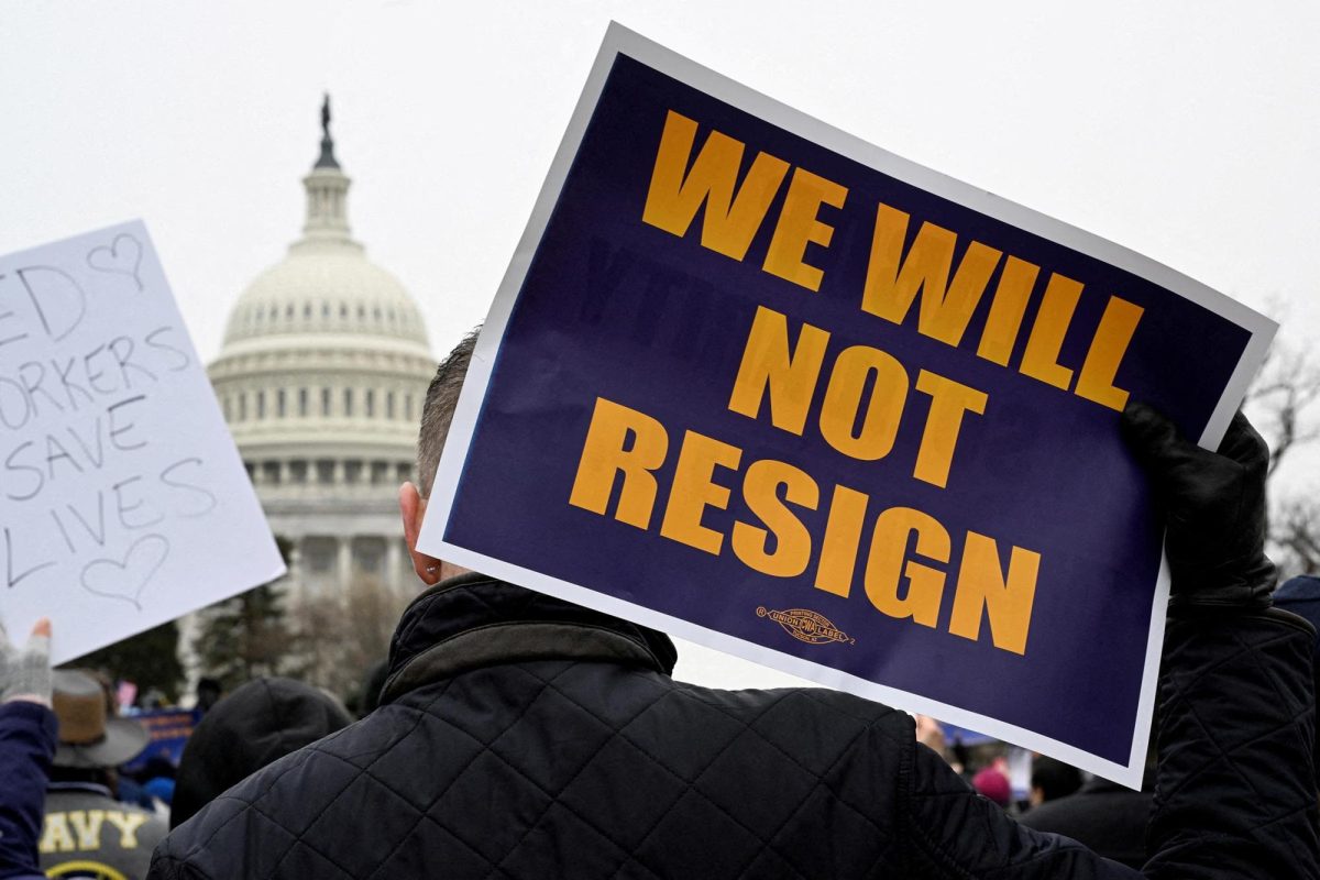 A person displays a sign as labor union activists rally in support of federal workers during a protest, with the US Capitol in the background on Capitol Hill in Washington, DC, on February 11.