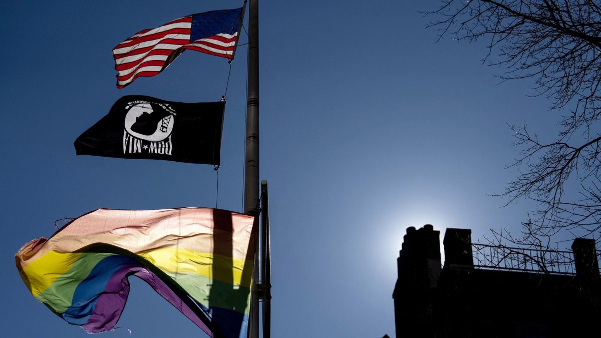 A Pride flag flies alongside the American and POW/MIA flags over the Stonewall National Monument in New York, on February 14, 2025.