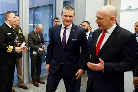 U.S. Defense Secretary Pete Hegseth meets with British Defence Secretary John Healey, on the eve of a NATO defence ministers' meeting at the alliance's headquarters in Brussels, Belgium February 12.