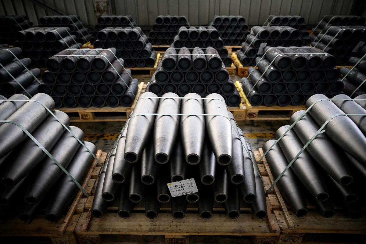 Munitions used in French artillery guns are pictured in a workshop in Tarbes, southwestern France, in April 2023.