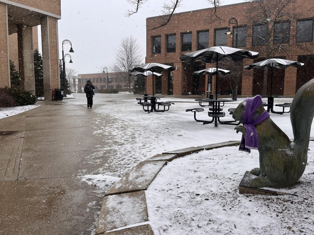 Kent State students walk in the snow while on the way to class between the Kent State Student Center and University Library on Thursday March 6, 2025. 