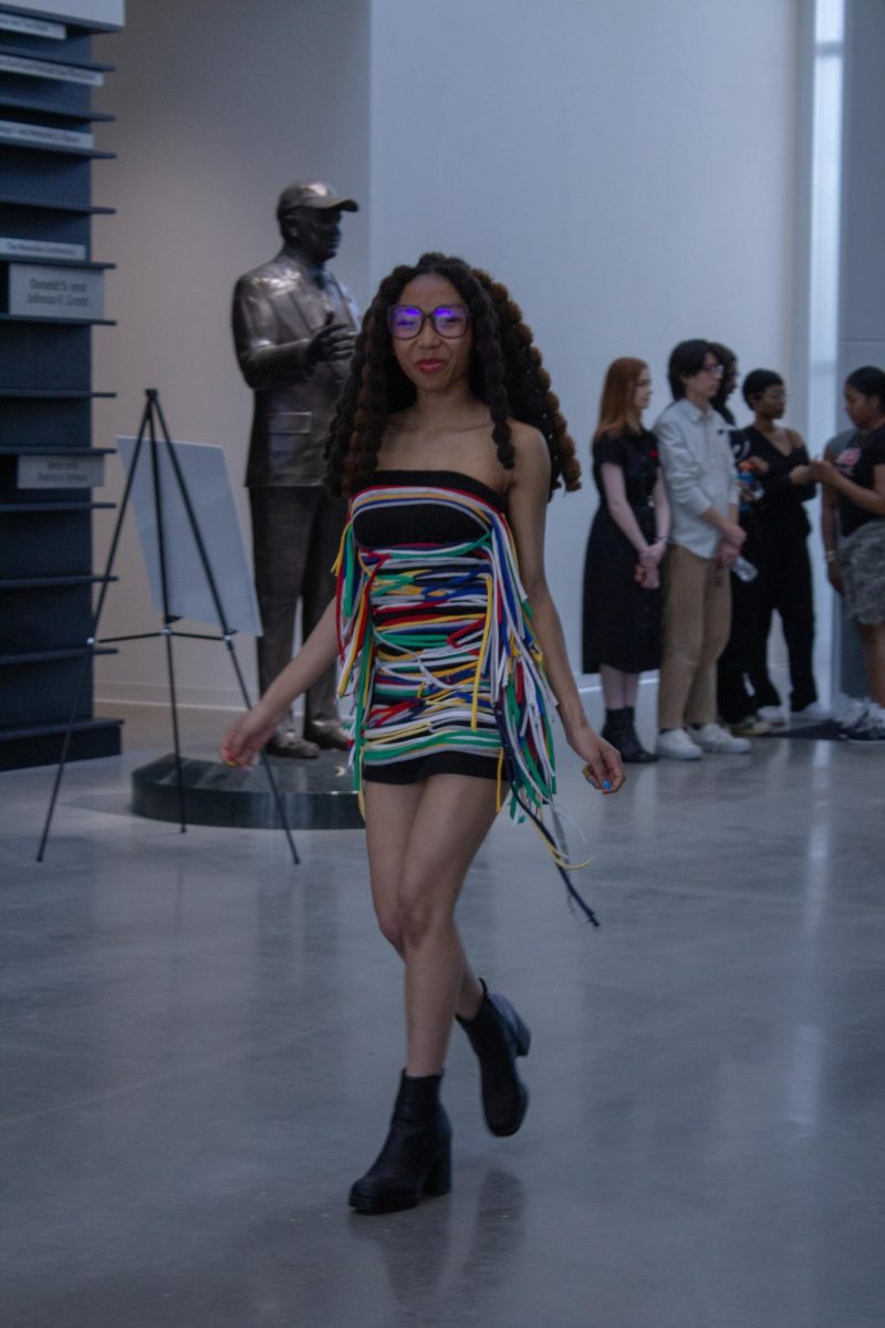 Model Leah Thompkins wearing Reagan Holtzman B.F.A. walks at Kent State Annual Fashion Show on April 24, 2025.