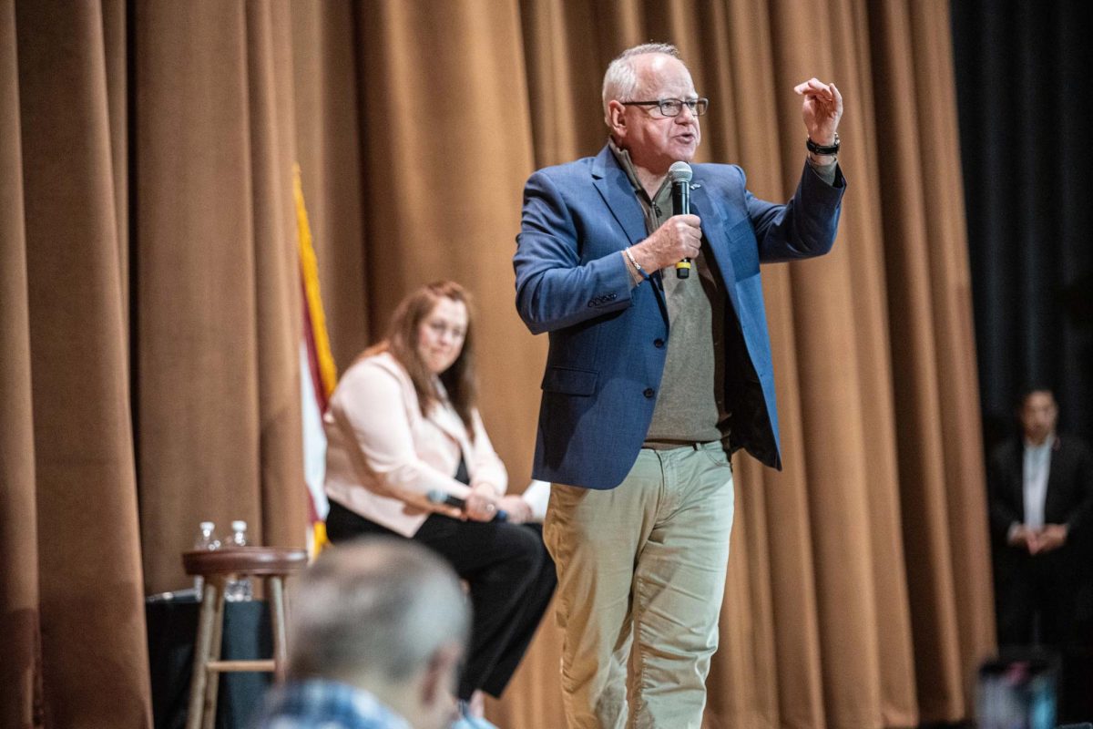 Tim Walz speaks in the DeYor Performing Arts Center in Youngstown, Ohio, Monday, April 7th, 2025.