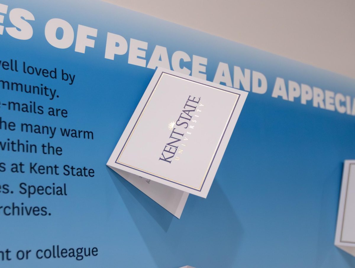 Students have written heartfelt messages to various Kent State faculty, and are displayed at the "Teach Peace: Jerry Lewis" exhibit at the May 4 Visitors Center, Apr. 8, 2025.