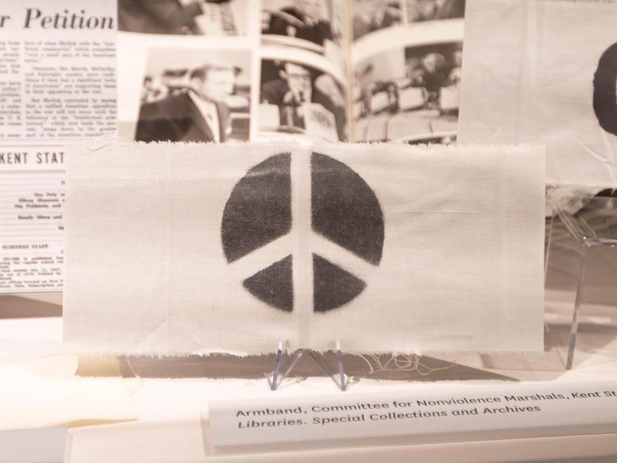 An armband from the Committee for Nonviolence Marshals in on display at the "Teach Peace: Jerry Lewis" exhibit at the May 4 Visitors Center, Apr. 8, 2025.