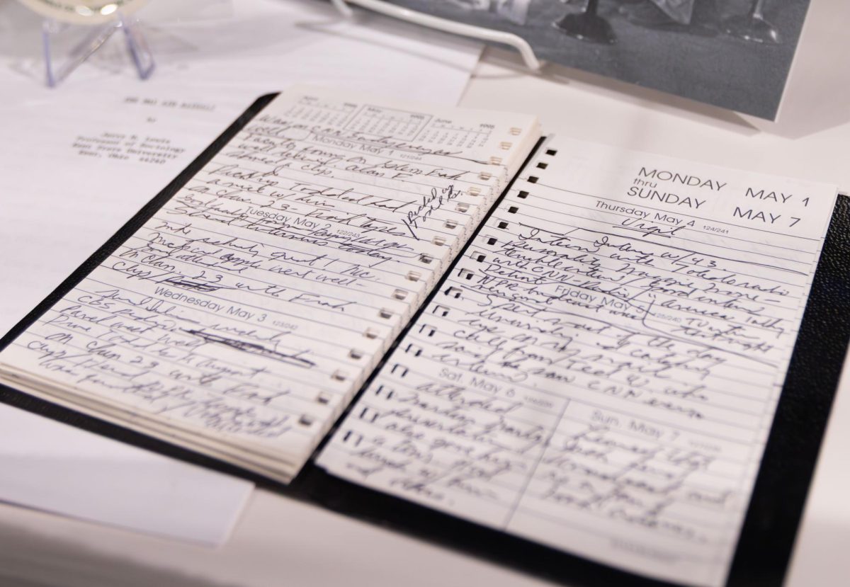A notebook belonging to Jerry Lewis detailing the 1995 May 4 commemoration is displayed at the "Teach Peace: Jerry Lewis" exhibit at the May 4 Visitors Center, Apr. 8, 2025.