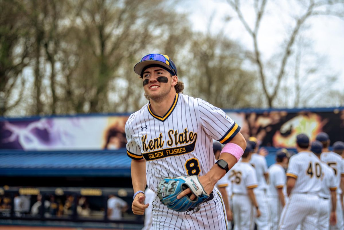 Kent redshirt sophomore Ripken Reese runs out during the calling of the starting line up before the game against Akron on Friday, April 25, 2025.