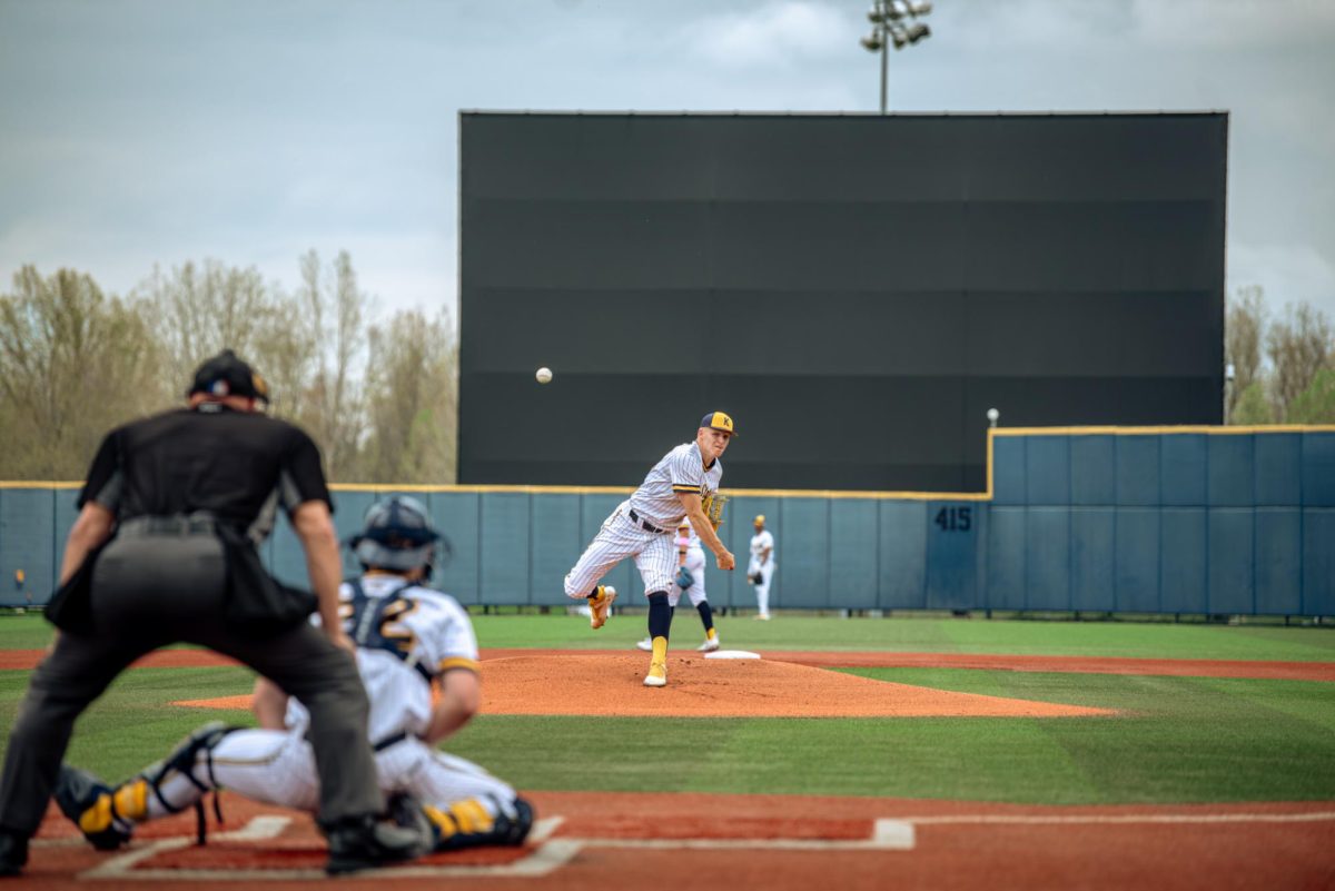 Kent redshirt sophomore Gavin Jones throws a warm up pitch to junior Brody Williams before their game against Akron on Friday, April 25, 2025.