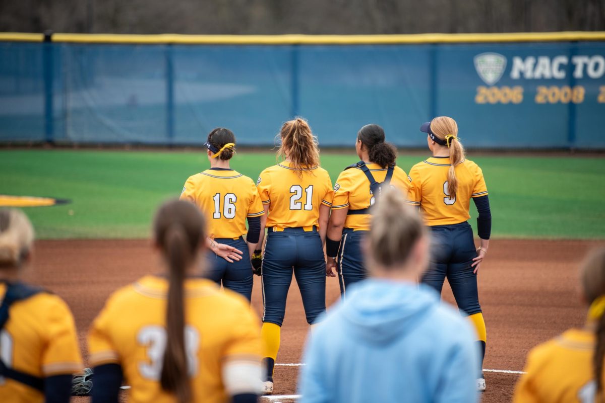 Kent Softball team stands for national anthem before the game against Ball State on Saturday, April 5, 2025. 