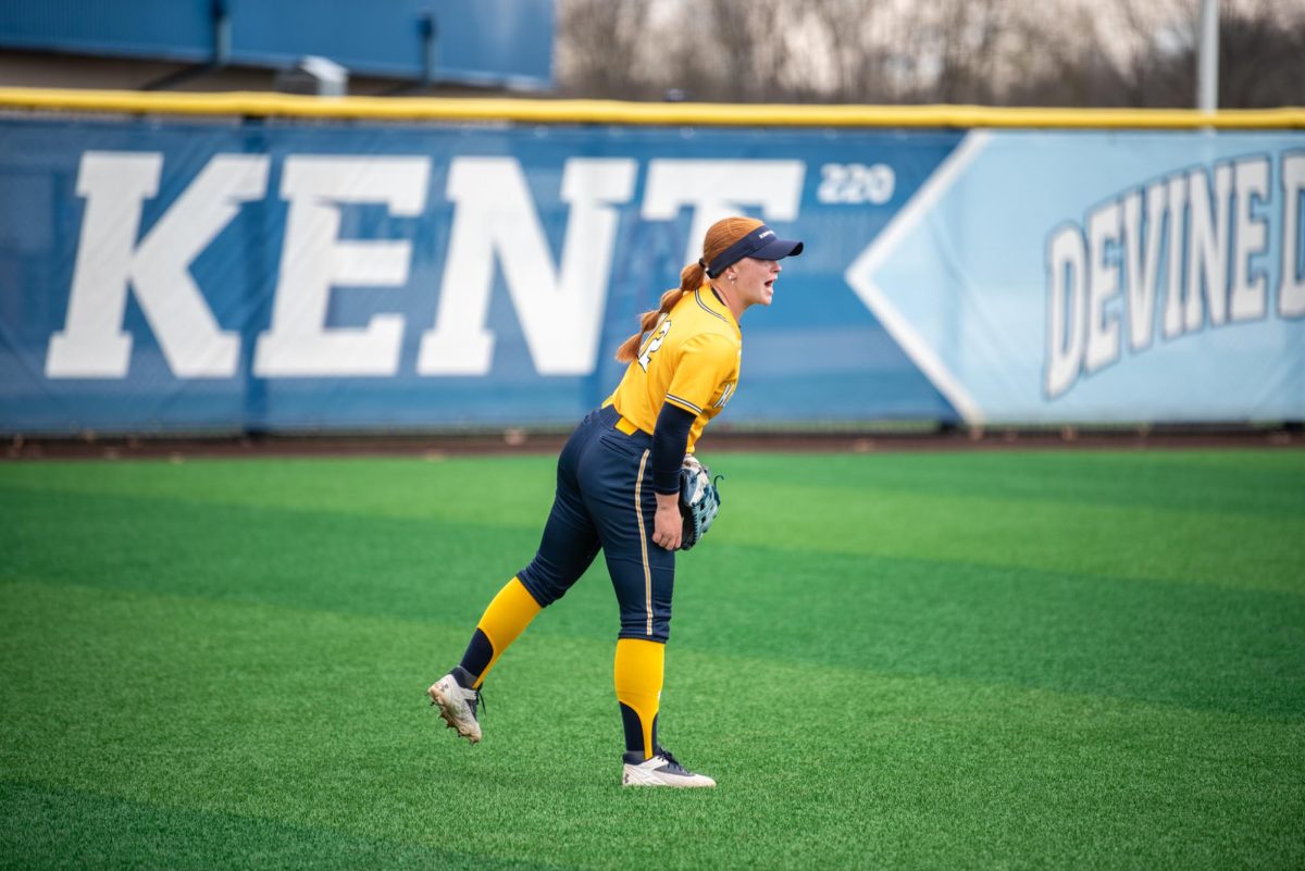 Kent senior Katie Jo Moery yells to her team in the top of the second during their game against Ball State on Saturday, April 5, 2025.