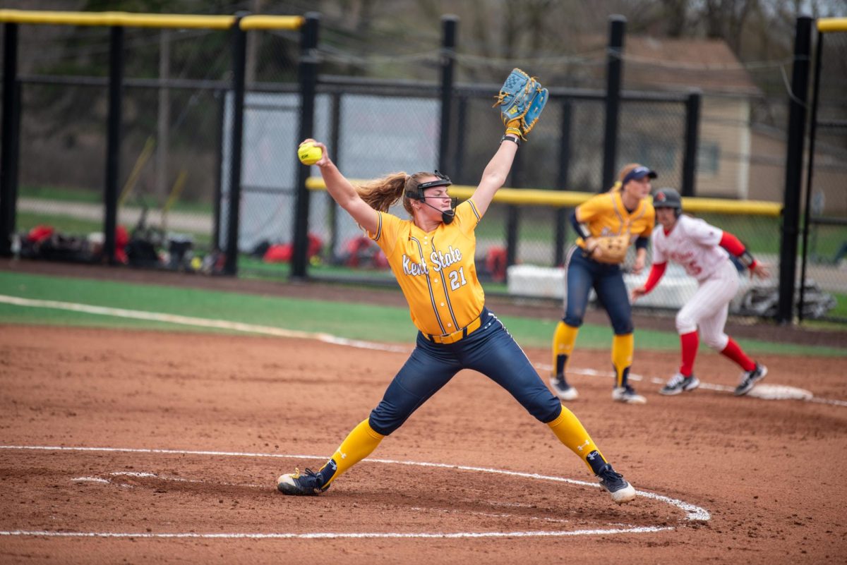 Kent redshirt sophomore Kendal Leitner winds up to pitch in the top of the third on Saturday, April 5, 2025. 