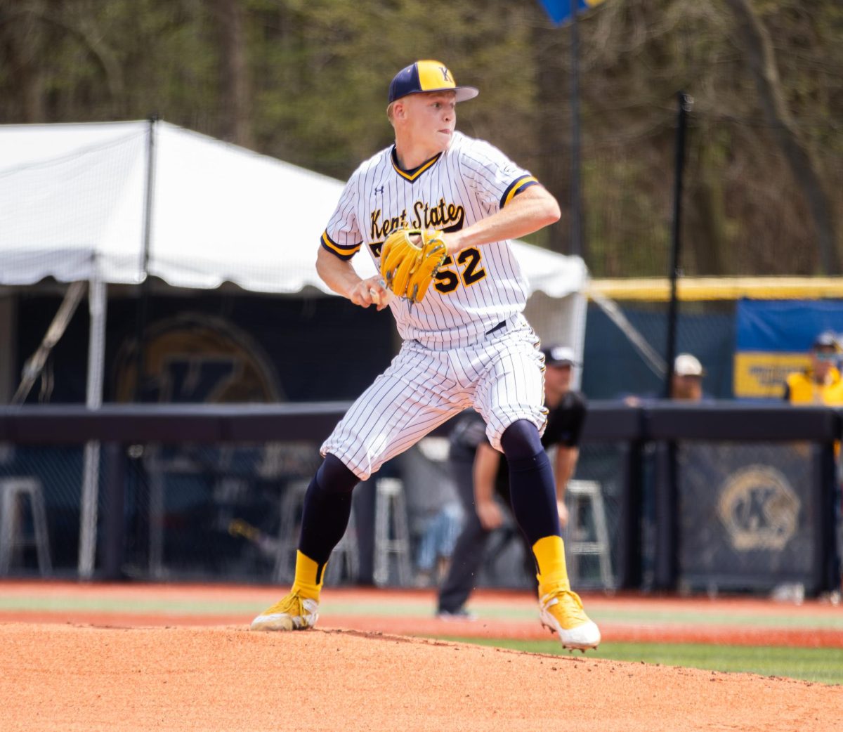 Kent redshirt sophomore, Gavin Jones, 52, gets ready to pitch the ball to home plate during top of first of their game against Akron on Friday, April 25, 2025.