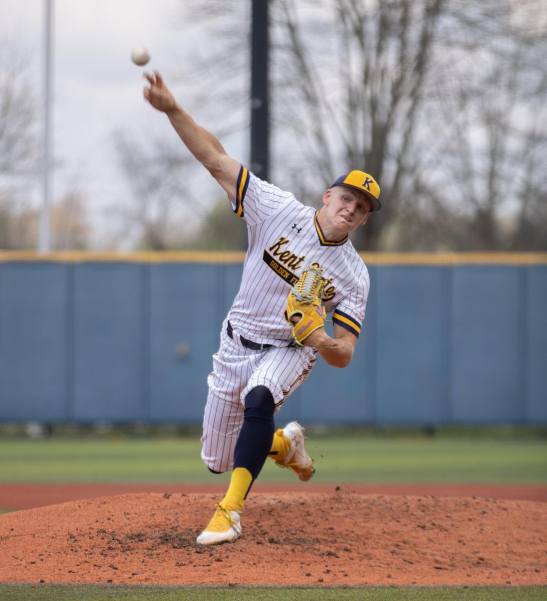 Kent redshirt sophomore, Gavin Jones pitches the ball to home plate during top of third in their game against Akron on Friday, April 25, 2025.

top of 3