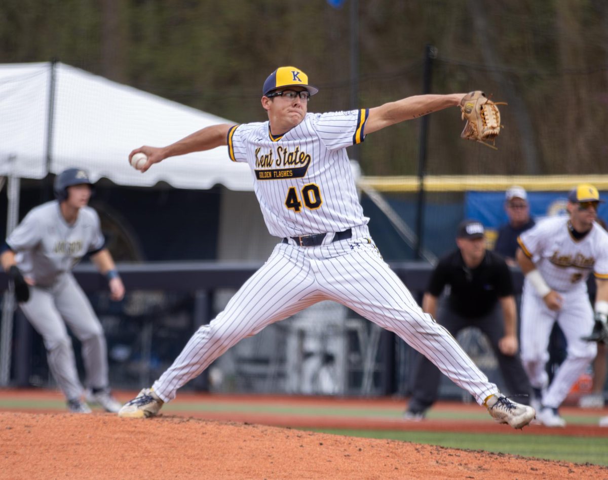 Kent graduate student, Benny Roebuck pitches to home plate in the top of the fifth during their game against Akron on Friday, April 25, 2025. 