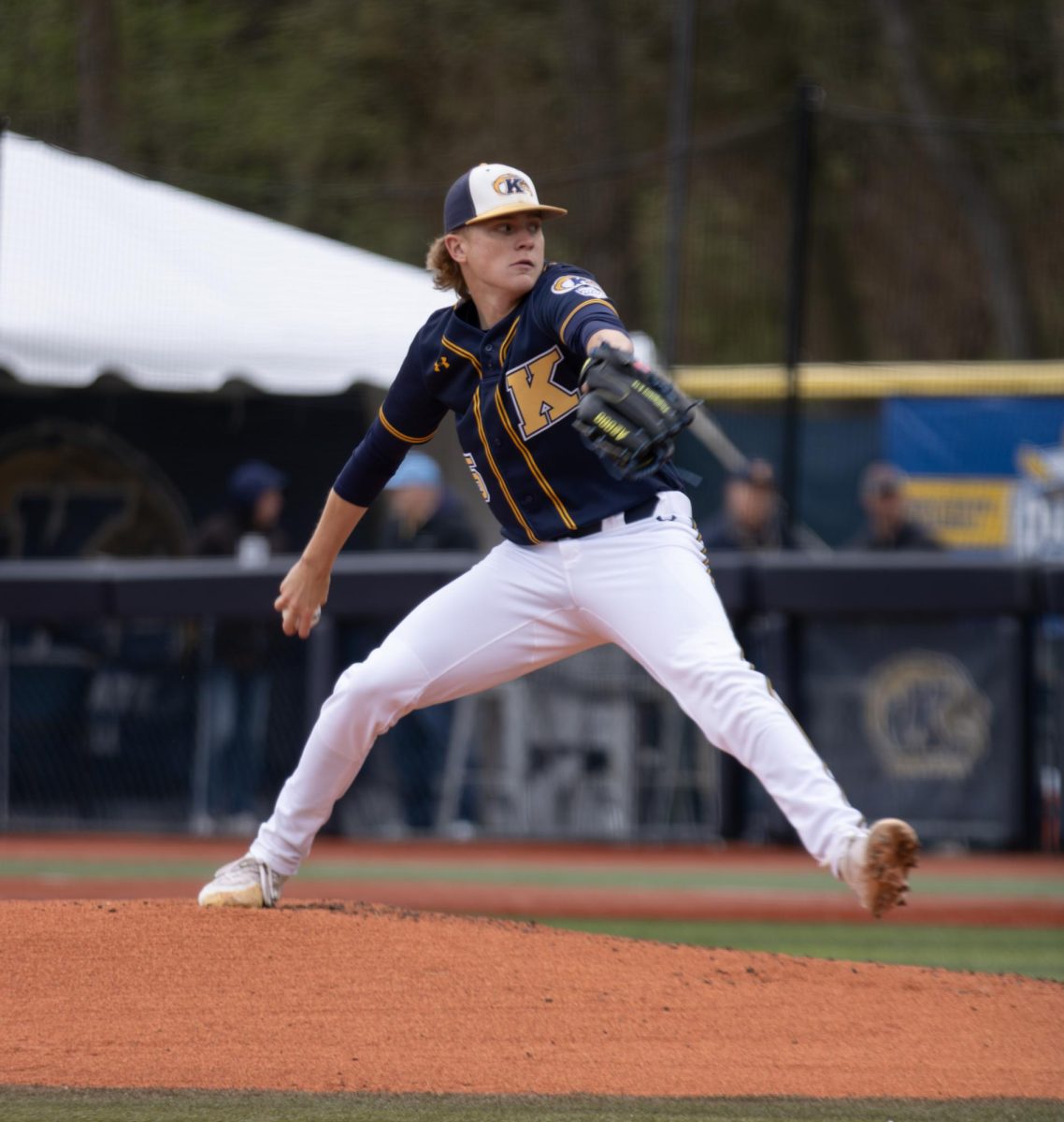 Kent pitcher Jake Bean pitches the ball to home plate, striking out the bater, during the top of the second in their game against Akron on Saturday, April 26, 2025. 