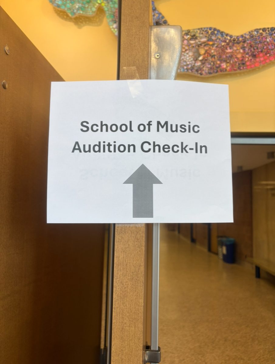 A sign outside the Center for the Performing Arts guides students to the School of Music for their audition April 5, 2025.
