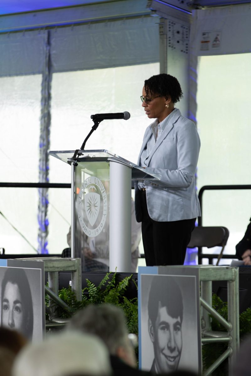 Kent senior vice president of Student Life, Eboni Pringle, Ph.D, gives the opening statements about the shooting on May fourth in 1970 during the commemoration on Sunday May 4th, 2025.