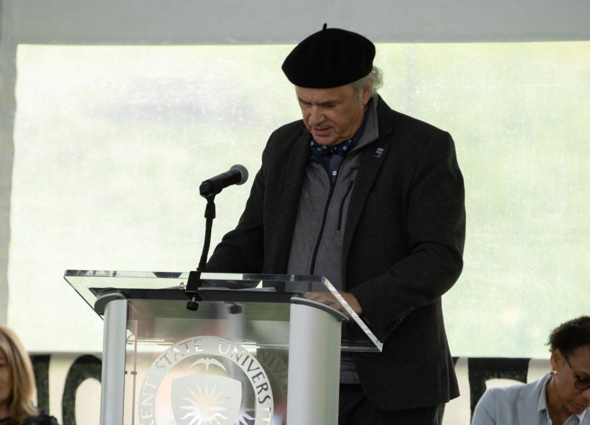 Kent State president Todd Diacon gives the final speech of the May fourth commemoration, on Sunday May 4, 2025.