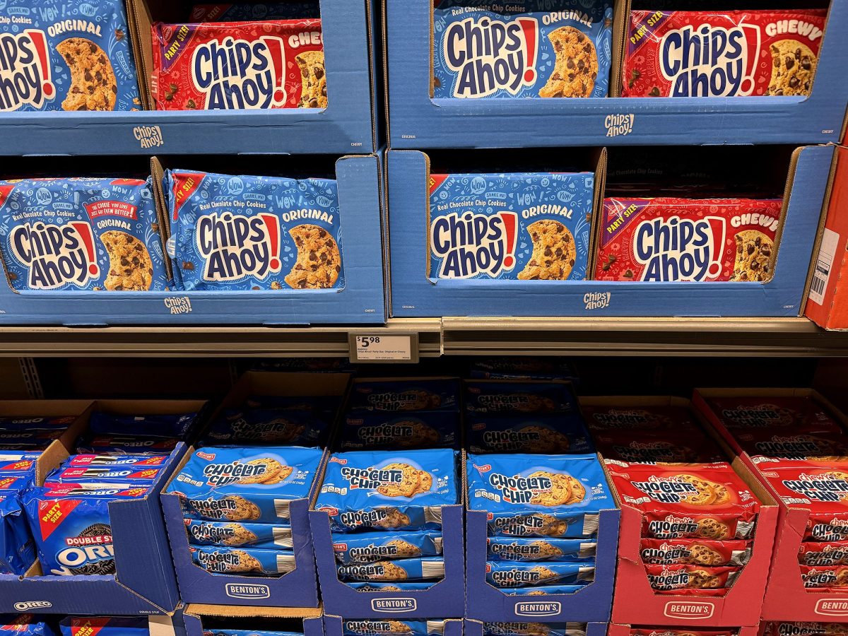 Packages of Chips Ahoy cookies are displayed next to Aldi Supermarket's Benton's brand cookies on May 30, in Burbank, California.